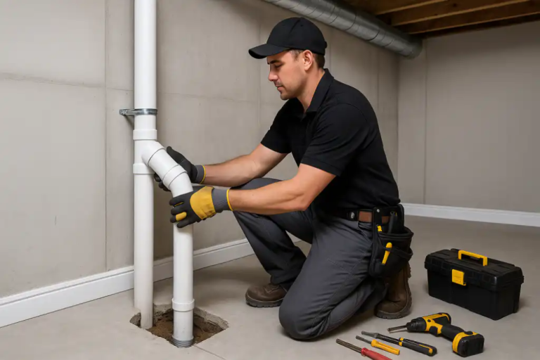 Radon mitigation specialist at work on commercial building