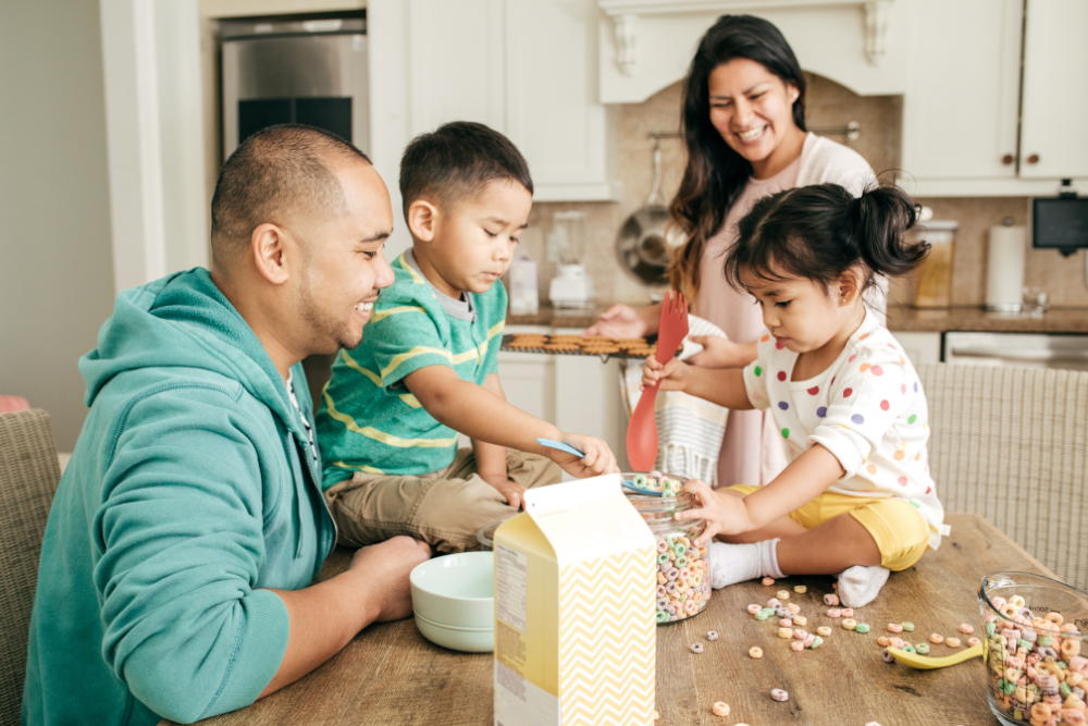 happy healthy family at home because of radon testing-- concept image